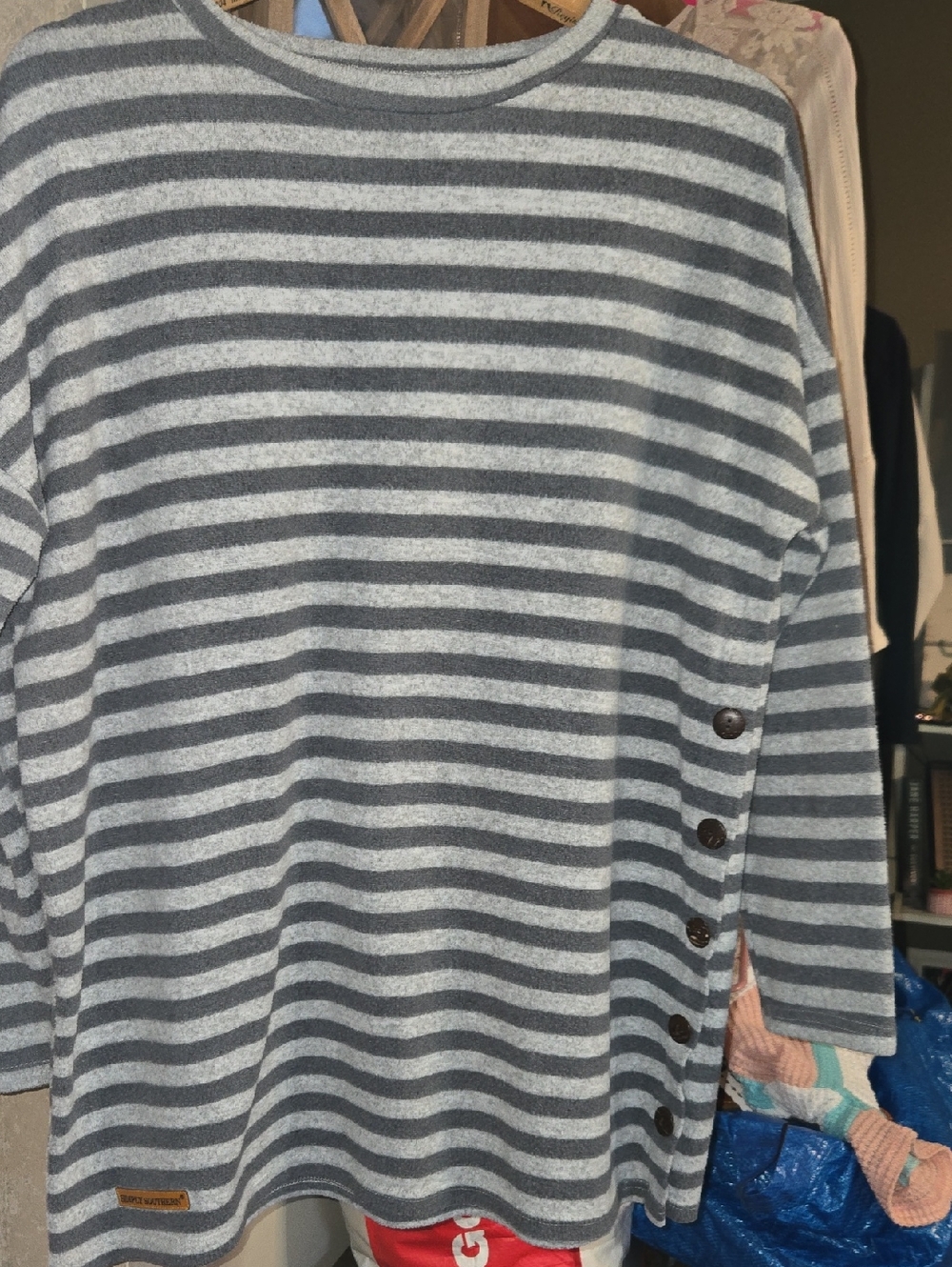 Simply Southern Gray and Light Gray Striped Button-Side Sweatshirt